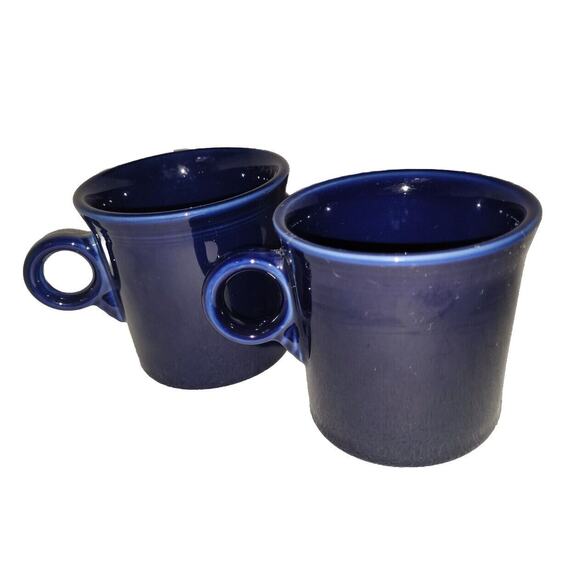 Set 2 Vintage Fiesta Ware Porcelain Coffee Mugs Navy Blue Ring Holder Retired - Picture 1 of 8